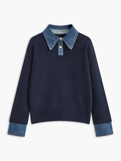 Sweater med polokrave og denimdetaljer til damer i relaxed fit