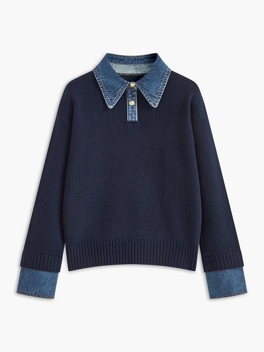 Sweater med polokrave og denimdetaljer til damer i relaxed fit
