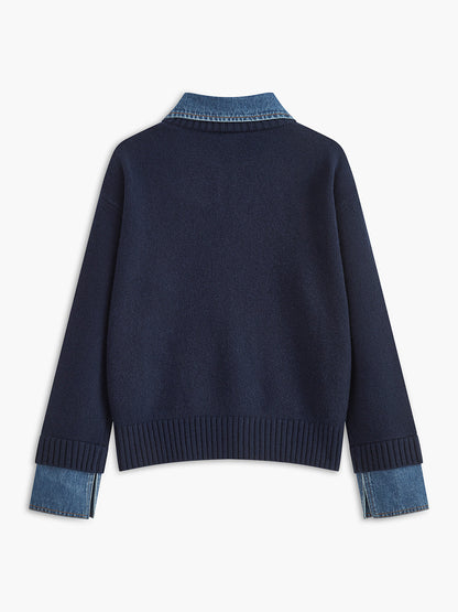 Sweater med polokrave og denimdetaljer til damer i relaxed fit