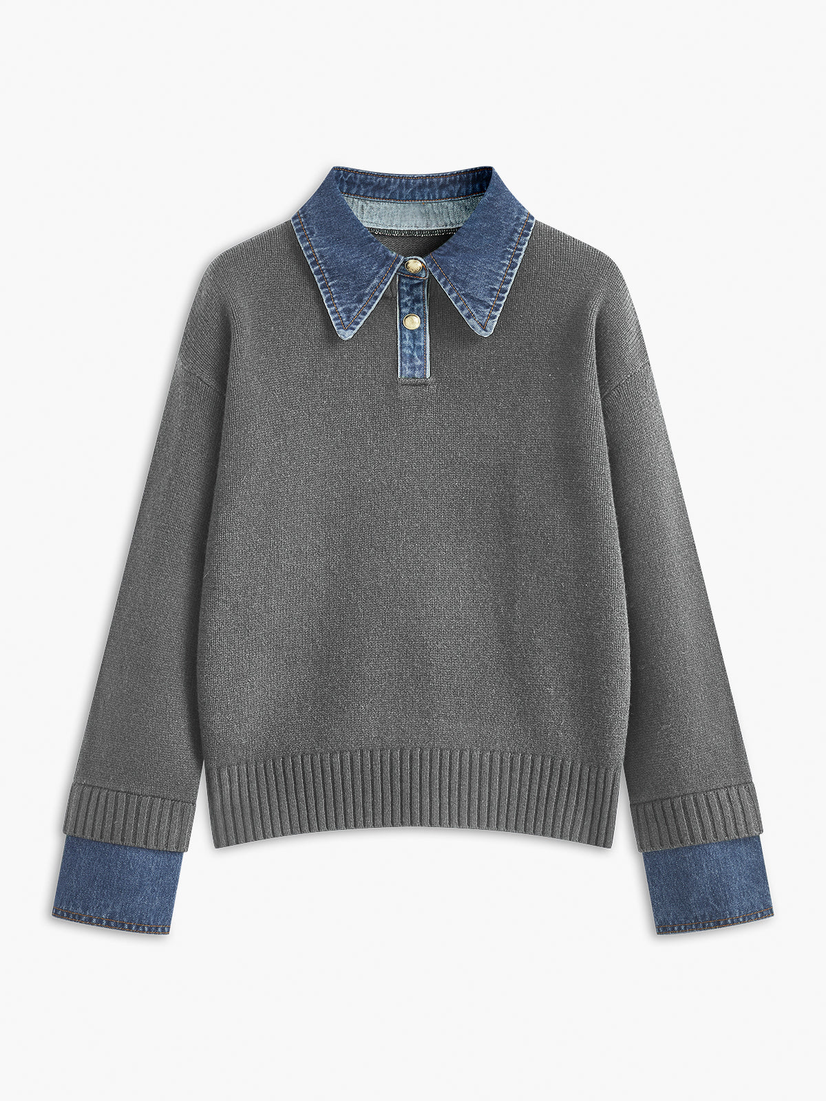 Sweater med polokrave og denimdetaljer til damer i relaxed fit