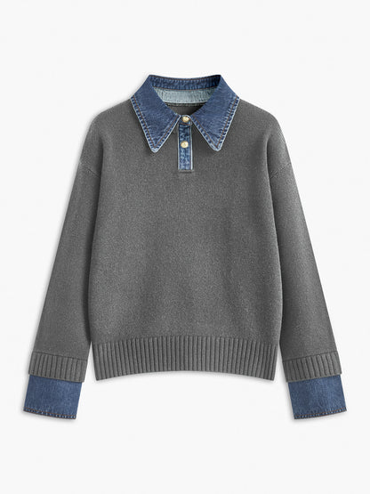 Sweater med polokrave og denimdetaljer til damer i relaxed fit