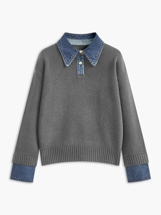 Sweater med polokrave og denimdetaljer til damer i relaxed fit