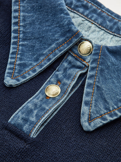 Sweater med polokrave og denimdetaljer til damer i relaxed fit