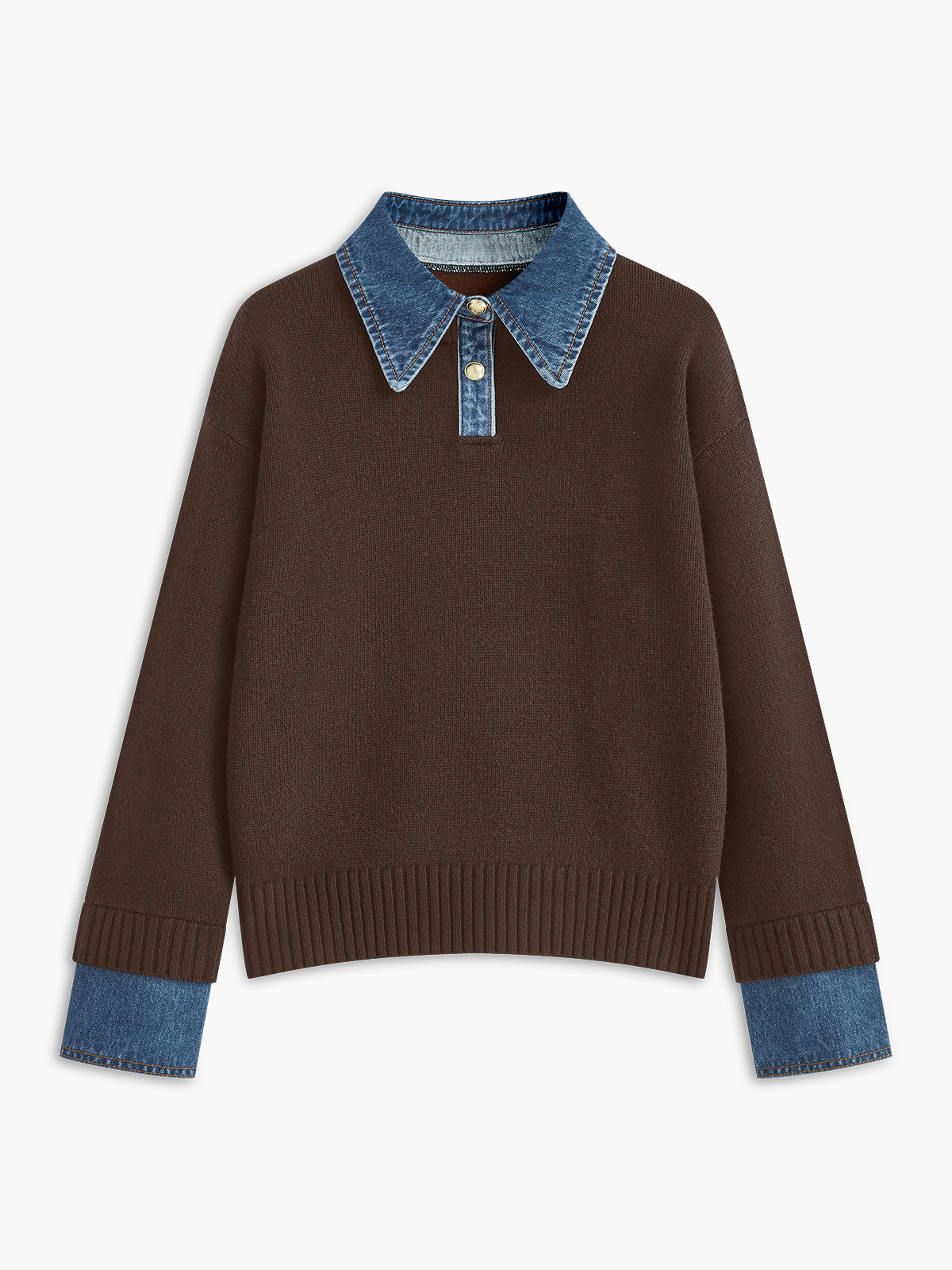Sweater med polokrave og denimdetaljer til damer i relaxed fit