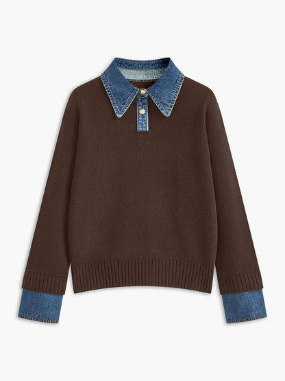 Sweater med polokrave og denimdetaljer til damer i relaxed fit