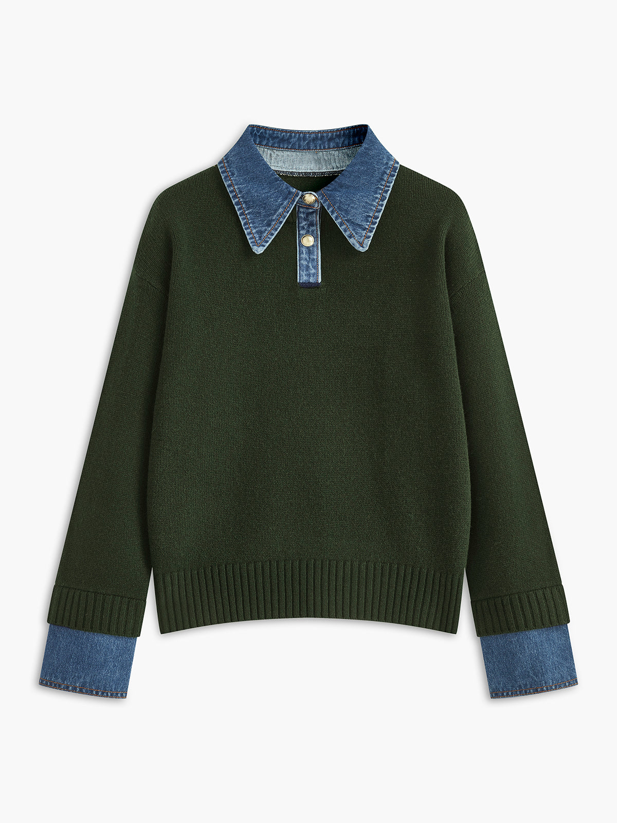 Sweater med polokrave og denimdetaljer til damer i relaxed fit