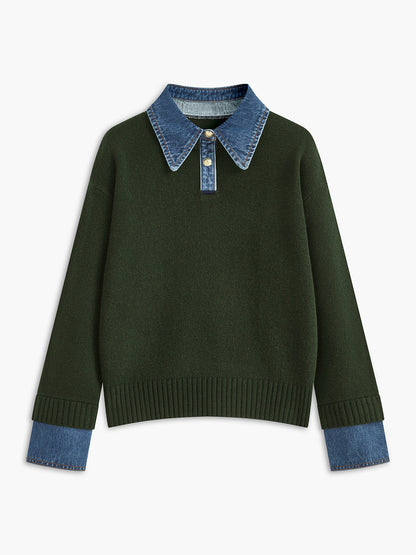 Sweater med polokrave og denimdetaljer til damer i relaxed fit