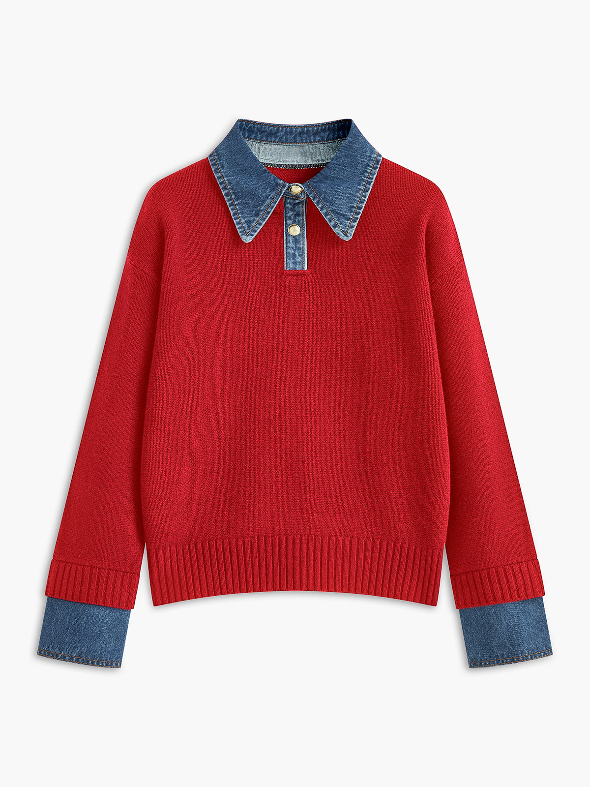 Sweater med polokrave og denimdetaljer til damer i relaxed fit