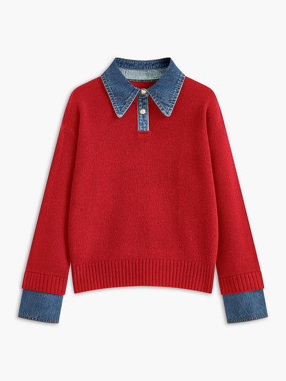 Sweater med polokrave og denimdetaljer til damer i relaxed fit