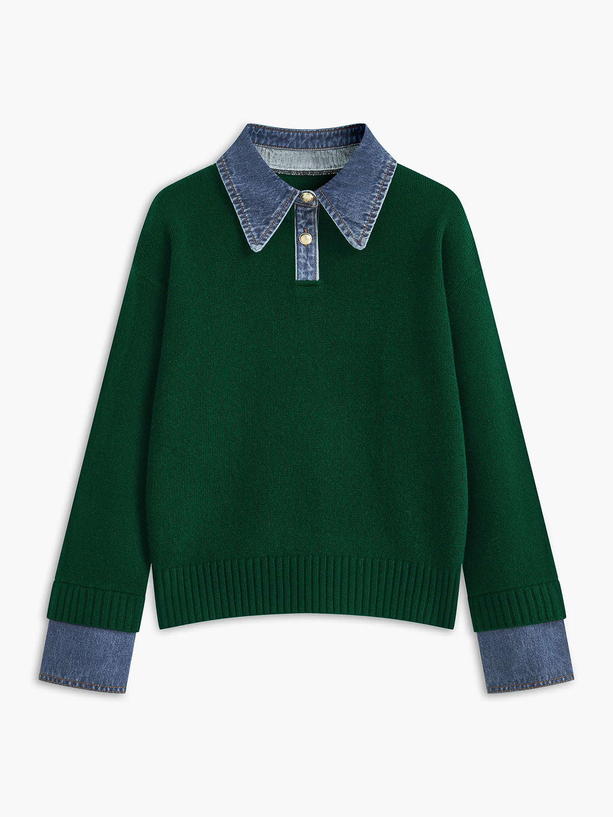 Sweater med polokrave og denimdetaljer til damer i relaxed fit
