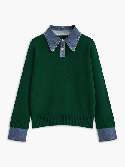 Sweater med polokrave og denimdetaljer til damer i relaxed fit