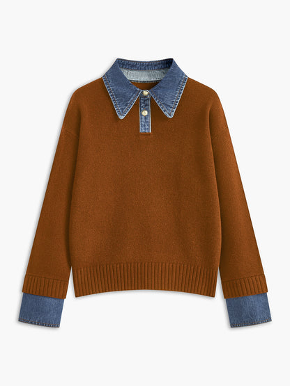Sweater med polokrave og denimdetaljer til damer i relaxed fit