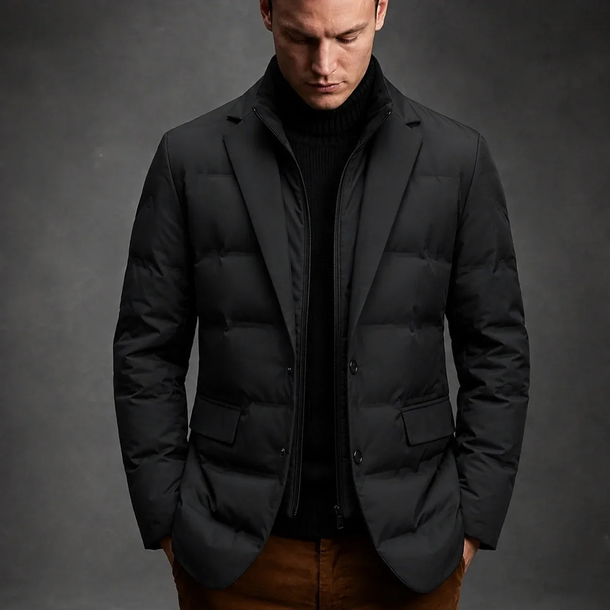 Puffer jakke til mænd i blazermodel med knapper og lynlås