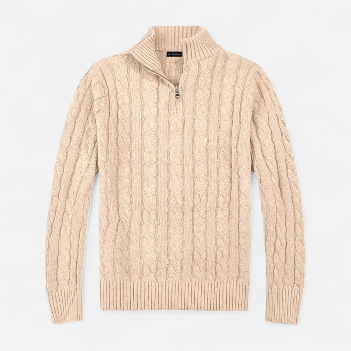 Sweater med halv lynlås, høj krave og kabelmønster samt ribstrikket bundkant til mænd