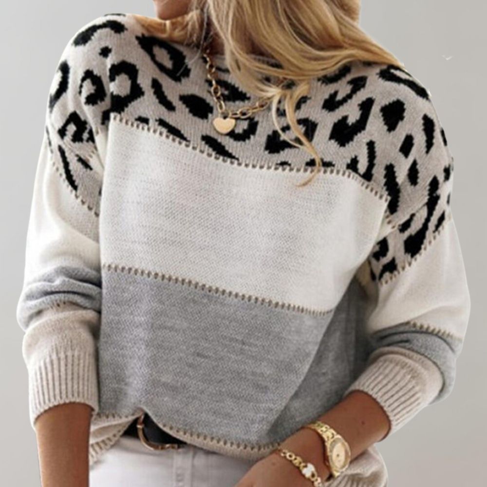 Strikket sweater med leopardmønster og farveblok til damer