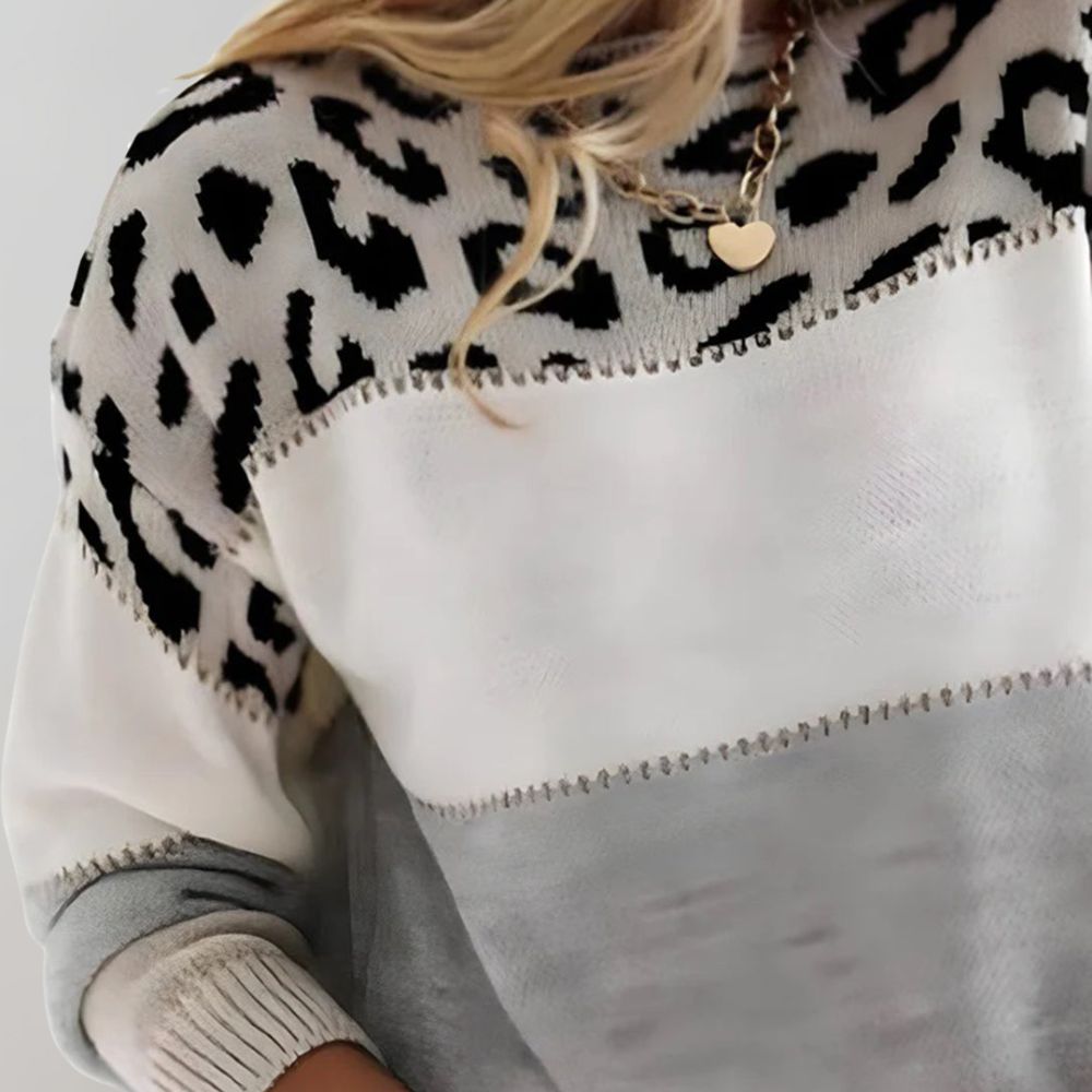 Strikket sweater med leopardmønster og farveblok til damer