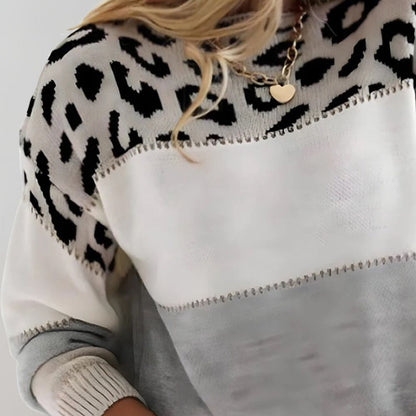 Strikket sweater med leopardmønster og farveblok til damer