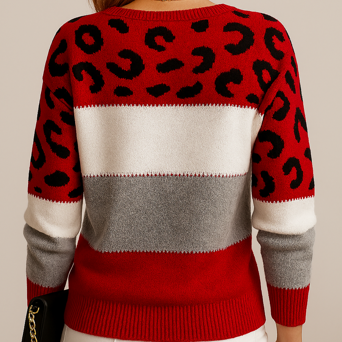 Strikket sweater med leopardmønster og farveblok til damer