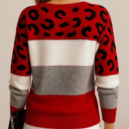 Strikket sweater med leopardmønster og farveblok til damer