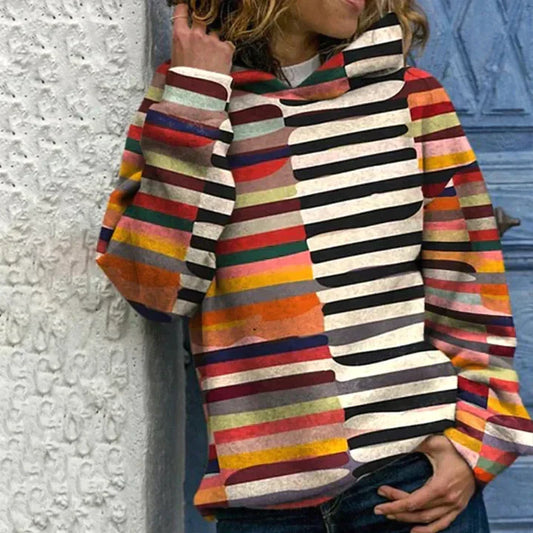Stribet hoodie til damer med lange ærmer og høj hals
