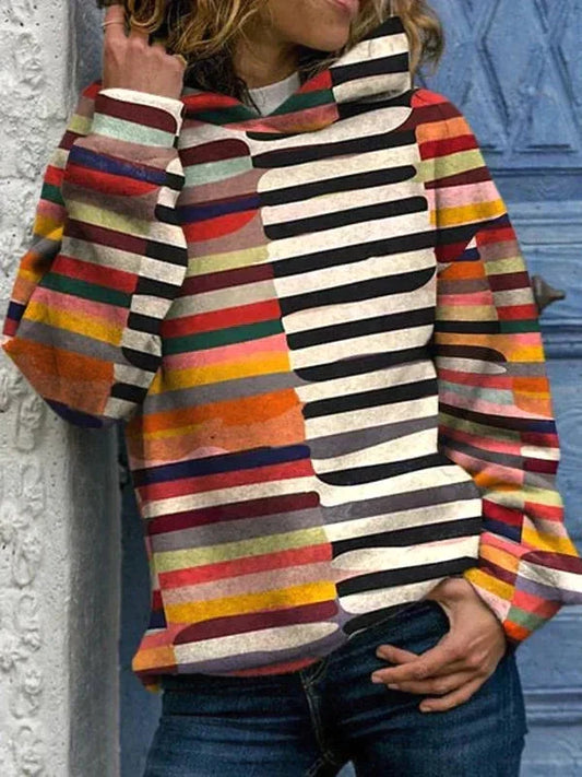 Stribet hoodie til damer med lange ærmer og høj hals