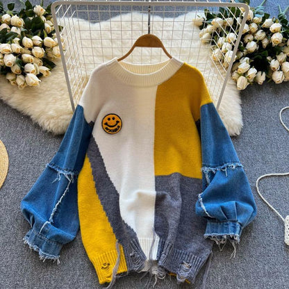Sweater med ballonærmer af denim og rund hals til damer