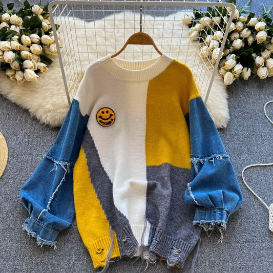 Sweater med ballonærmer af denim og rund hals til damer