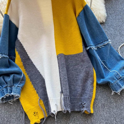 Sweater med ballonærmer af denim og rund hals til damer