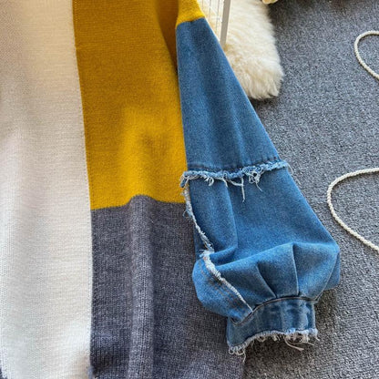 Sweater med ballonærmer af denim og rund hals til damer