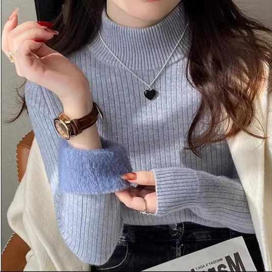 Ribbet sweater med høj hals og lange ærmer til damer, tætsiddende og foret indvendigt
