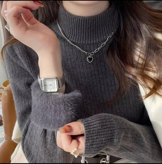 Ribbet sweater med høj hals og lange ærmer til damer, tætsiddende og foret indvendigt