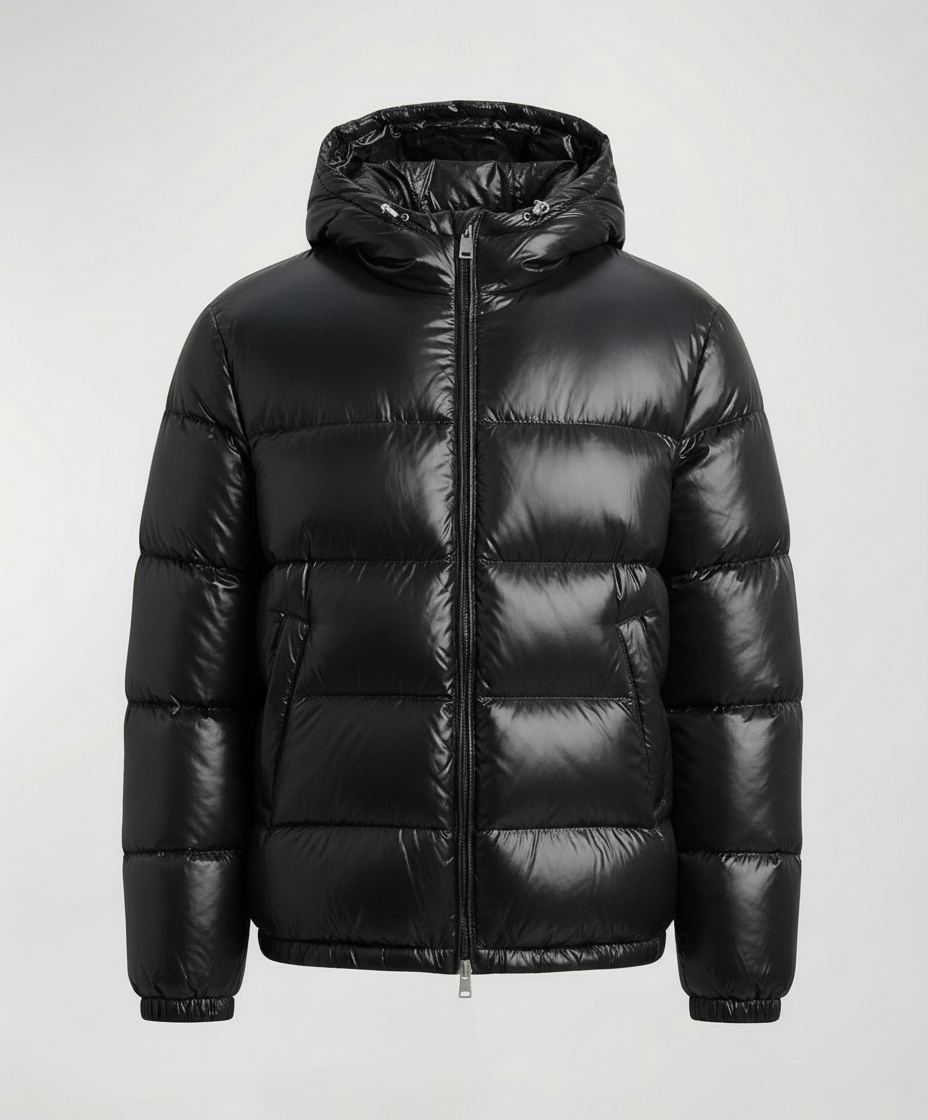 Puffer jakke unisex med hætte, høj krave og lynlås foran
