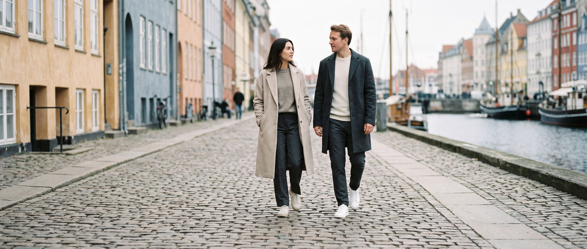 Kvinde og mand i efterårstøj går langs havnen i København