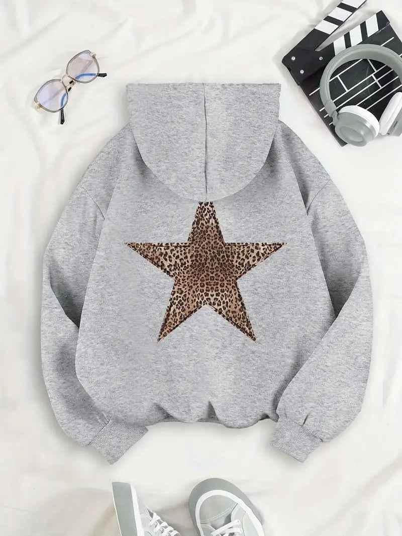 Hoodie til damer med leopardstjerne på ryggen og løs pasform