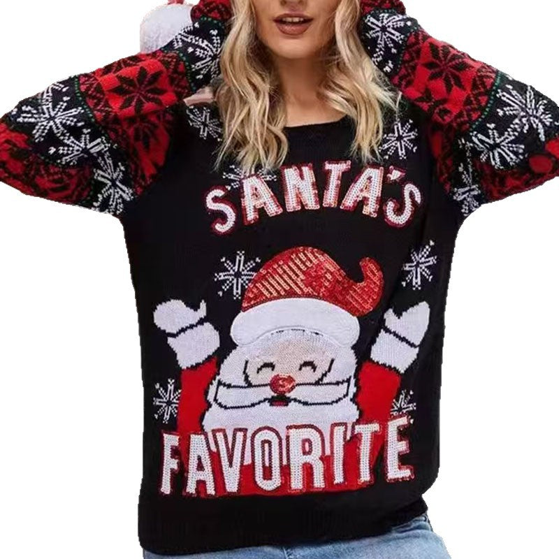 Julesweater dame med julemand i palietter og snefnugmønster på ærmerne