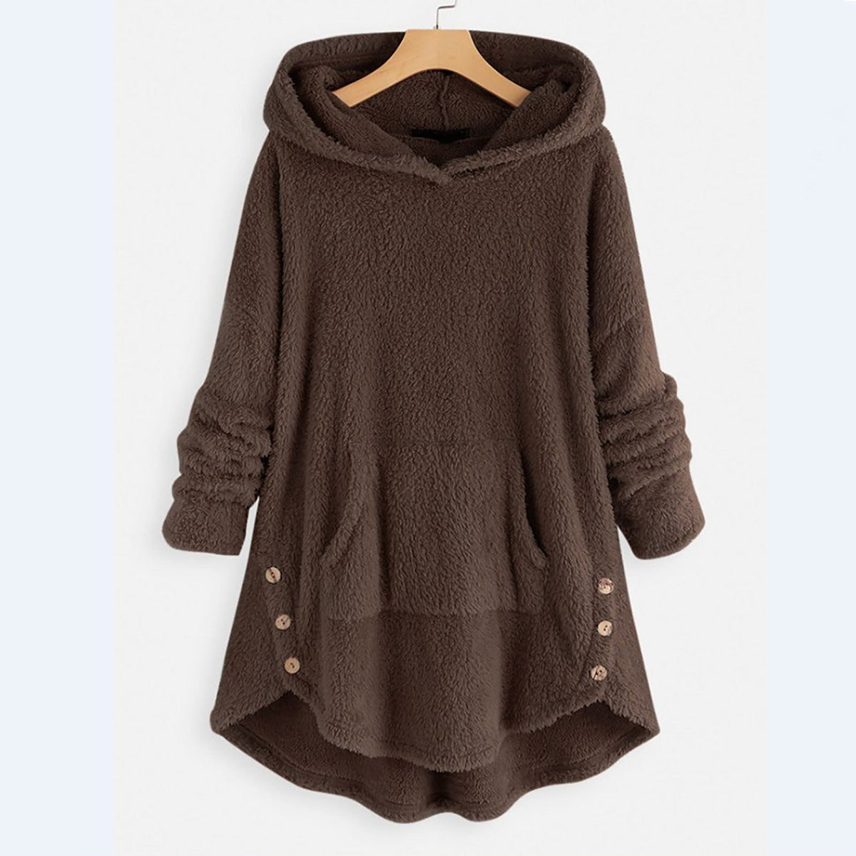 Hoodie med kængurulomme og knapper i lang model til damer