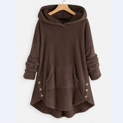 Hoodie med kængurulomme og knapper i lang model til damer