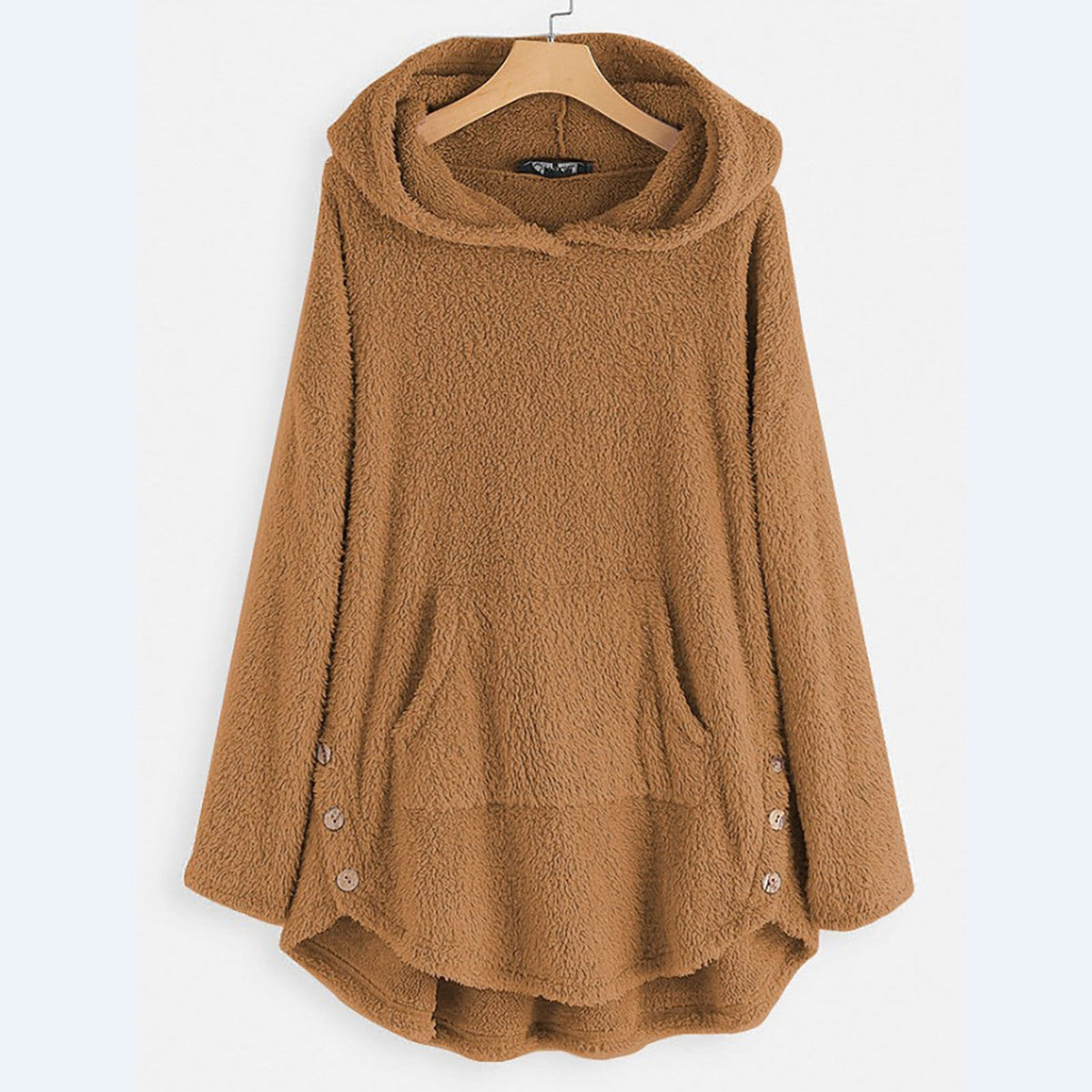 Hoodie med kængurulomme og knapper i lang model til damer