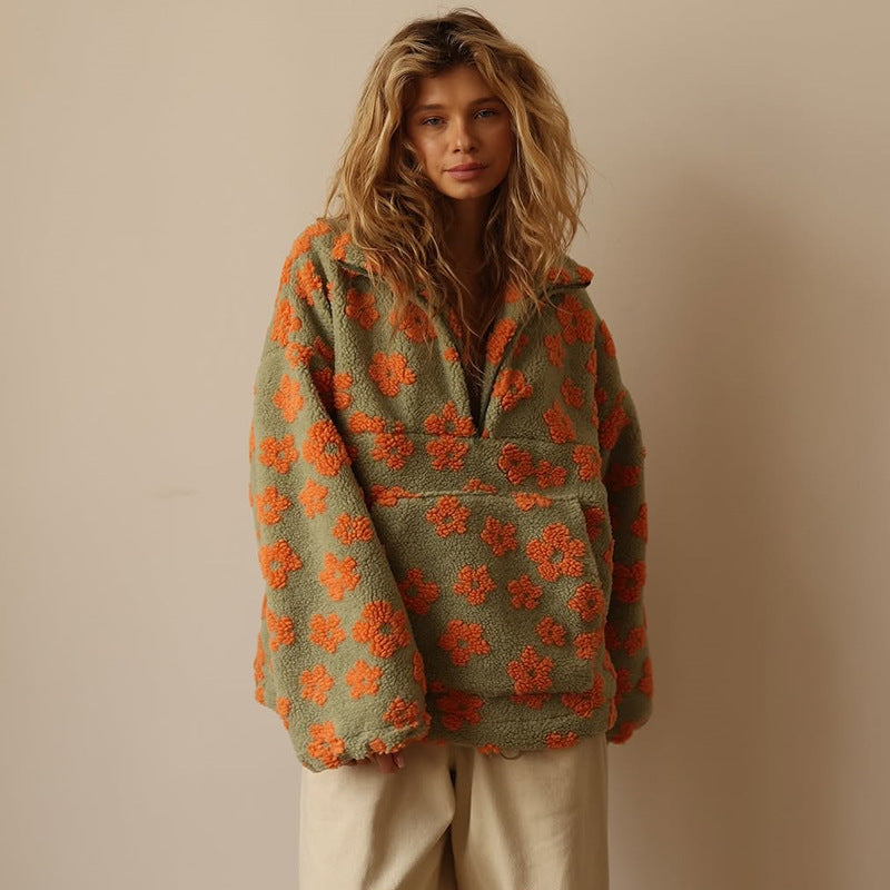 Hoodie til damer med halv lynlås og blomsterprint i oversized fit