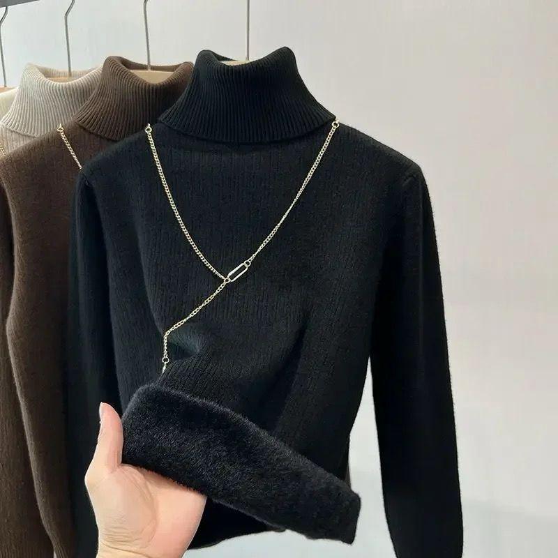 Ribstrikket sweater med rullekrave og varmt foer til damer
