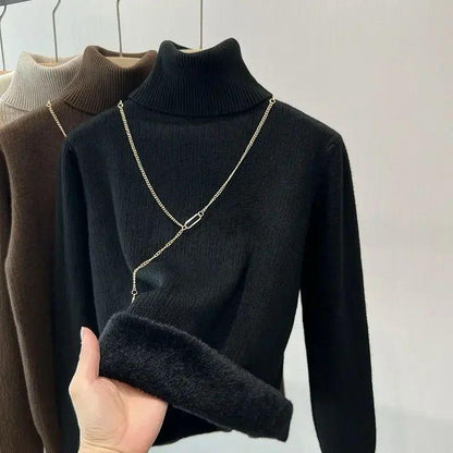 Ribstrikket sweater med rullekrave og varmt foer til damer