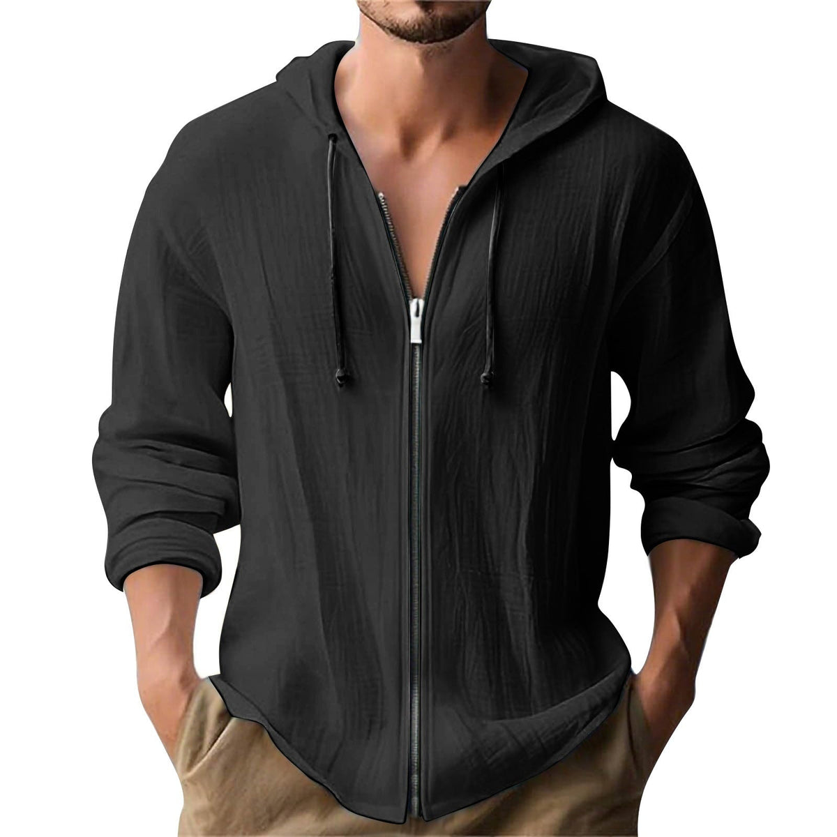 Hoodies mænd med lynlås og hætte, løs pasform og lange ærmer