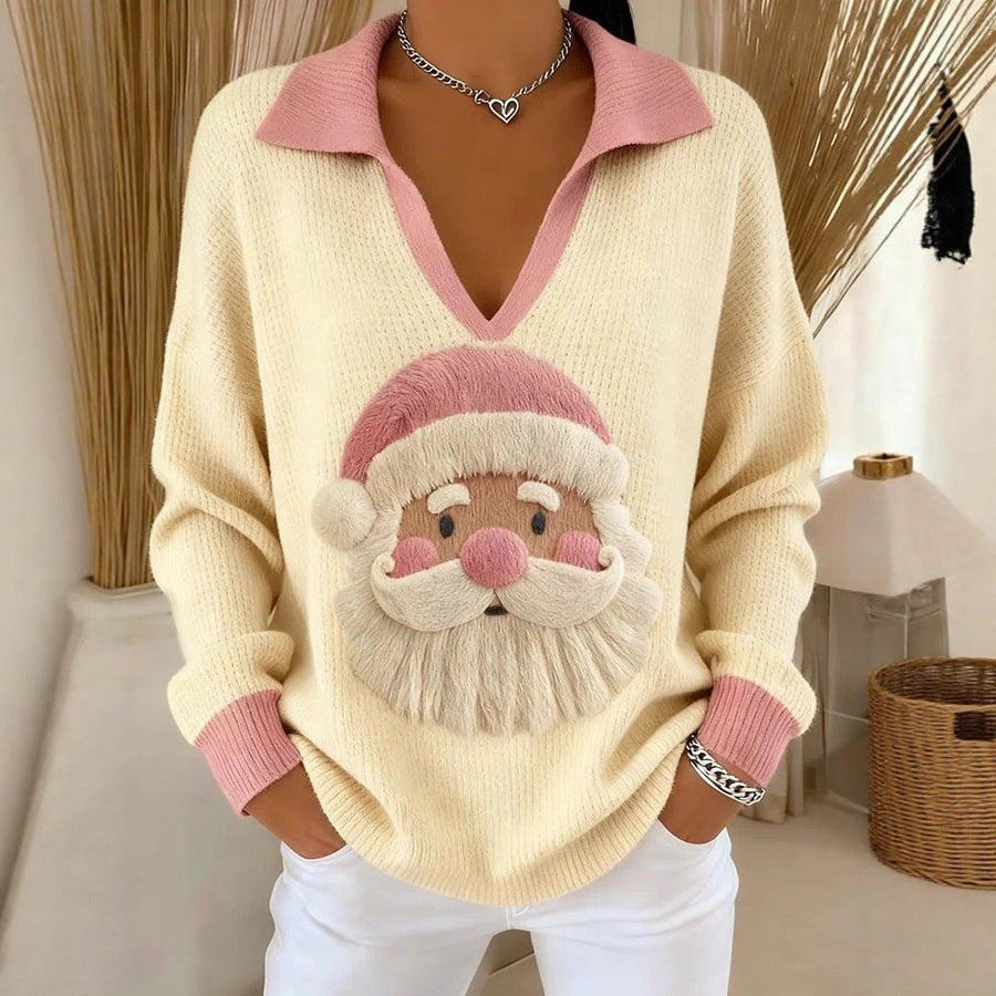 Julesweater dame med julemandsmotiv, V-hals og krave