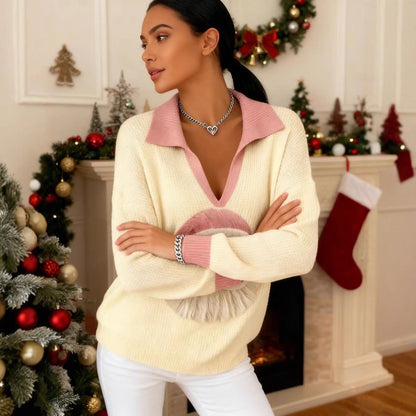 Julesweater dame med julemandsmotiv, V-hals og krave