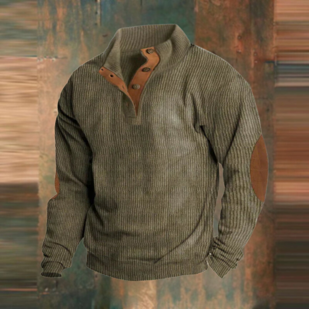 Sweater med knaplukning og høj krave til mænd – ribstrikket pullover
