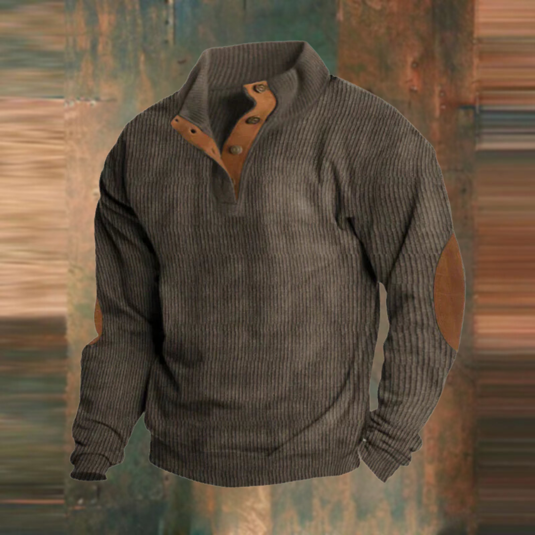 Sweater med knaplukning og høj krave til mænd – ribstrikket pullover