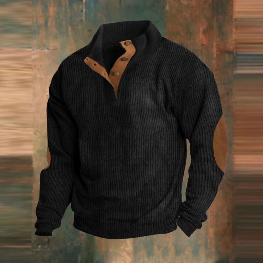 Sweater med knaplukning og høj krave til mænd – ribstrikket pullover
