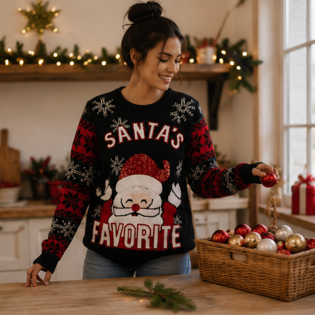 Julesweater dame med julemand i palietter og snefnugmønster på ærmerne