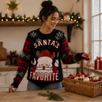 Julesweater dame med julemand i palietter og snefnugmønster på ærmerne