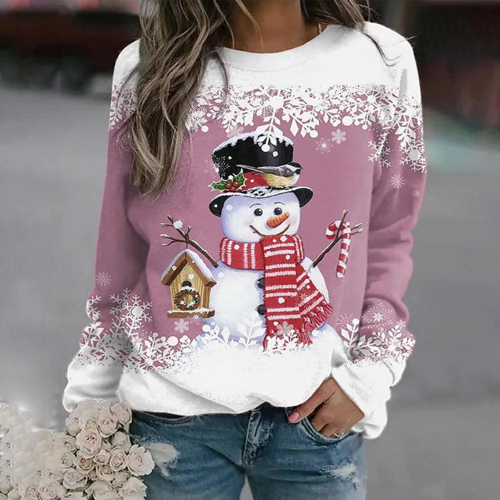 Julesweater dame med snemandsmotiv og snefnugprint, løs pasform og rund hals